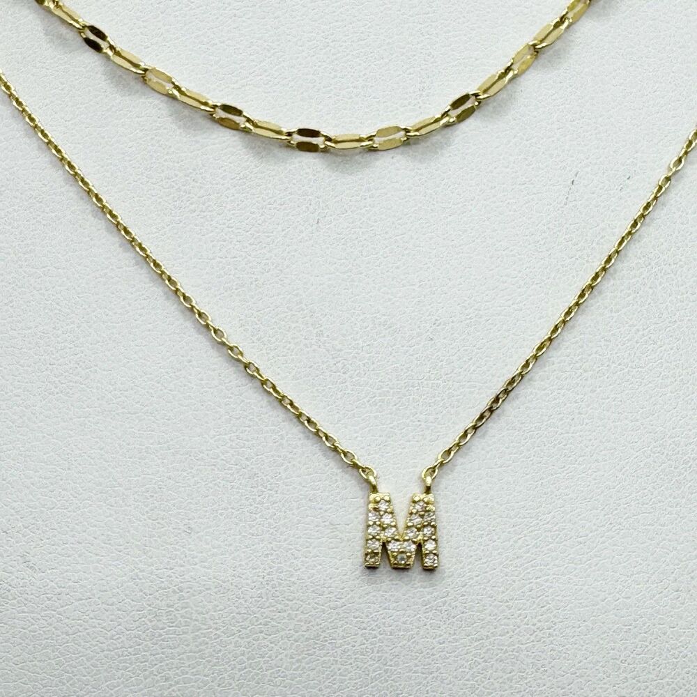 Golf Vermeil Sterling Silver Layered Rhinestone Letter M Initial Necklace Dainty